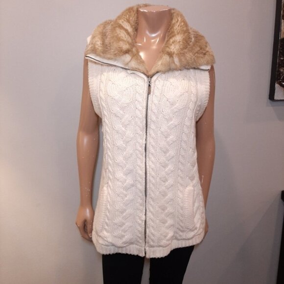 Eivissa Reversible Faux Fur Vest Cable Ribbed Knit Zip Front Winter Sweater - Picture 2 of 16